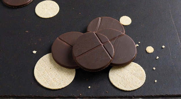 a chocolate cake with chocolate chips and a few other pieces