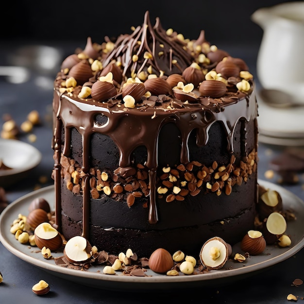 a chocolate cake with chocolate chips and nuts on a plate