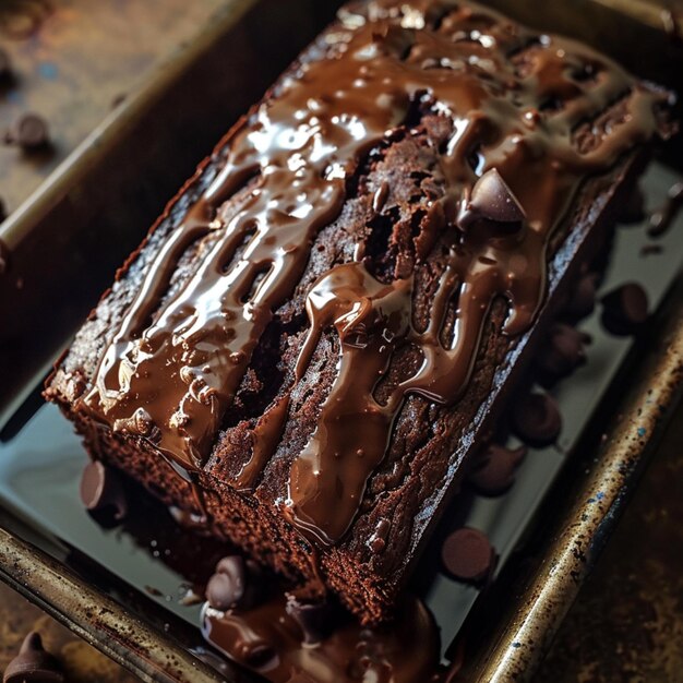 Photo chocolate cake with chocolate chips on a tray with a chocolate drizzle generative ai