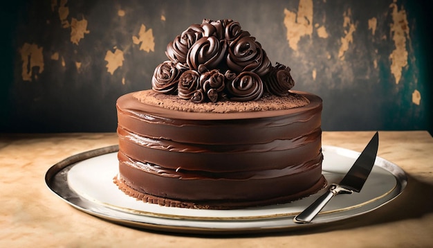 A chocolate cake with chocolate curls on top.