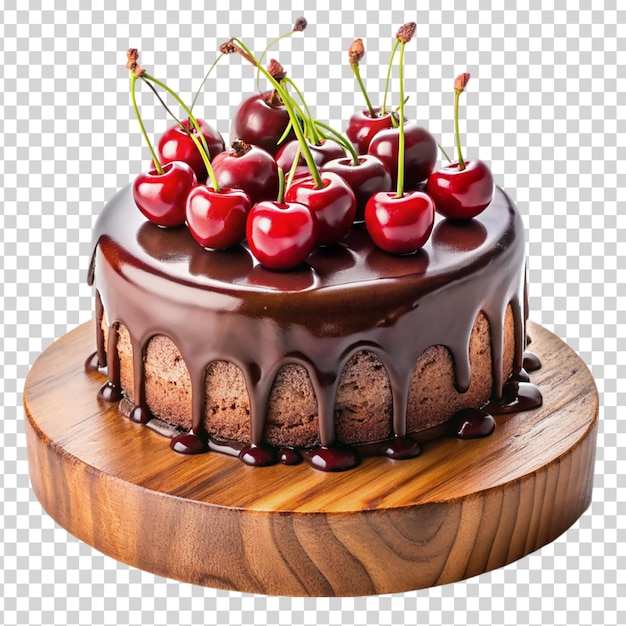 A chocolate cake with chocolate frosting and cherries on top on transparent background