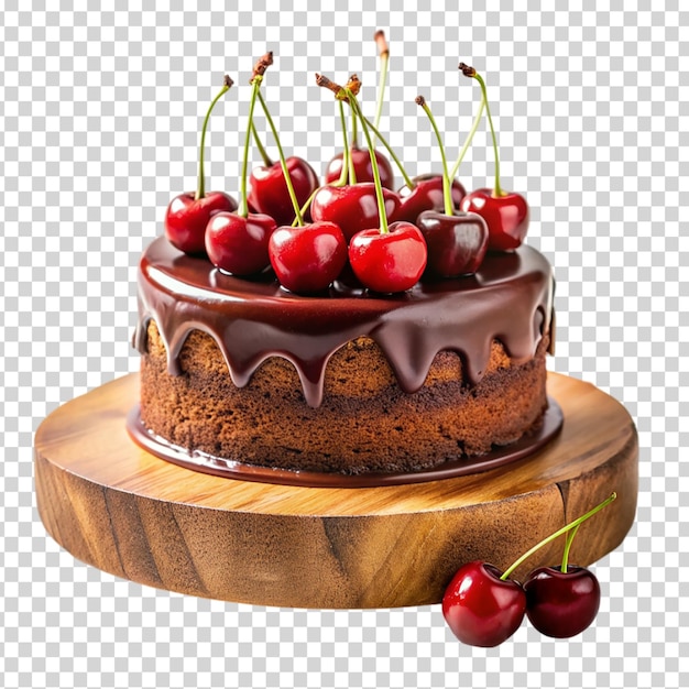 A chocolate cake with chocolate frosting and cherries on top on transparent background