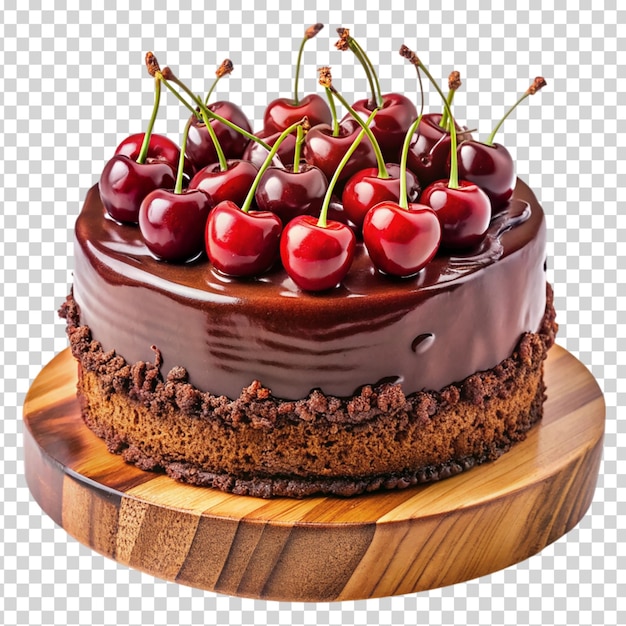 A chocolate cake with chocolate frosting and cherries on top on transparent background