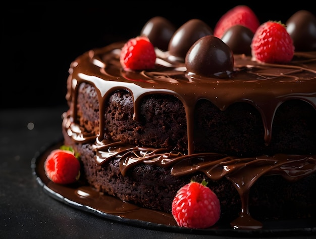 a chocolate cake with chocolate frosting and raspberries on it