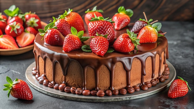 a chocolate cake with chocolate frosting and strawberries on it