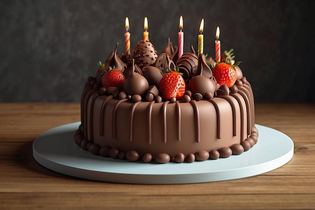 a chocolate cake with chocolate frosting and strawberries on a plate