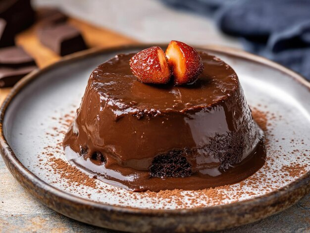 Photo a chocolate cake with chocolate frosting and a strawberry on top