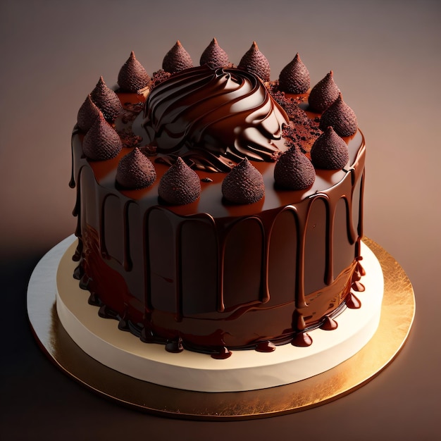 A chocolate cake with chocolate icing and a chocolate decoration on top