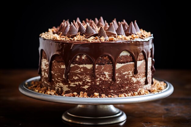 A chocolate cake with chocolate icing and chocolate shavings