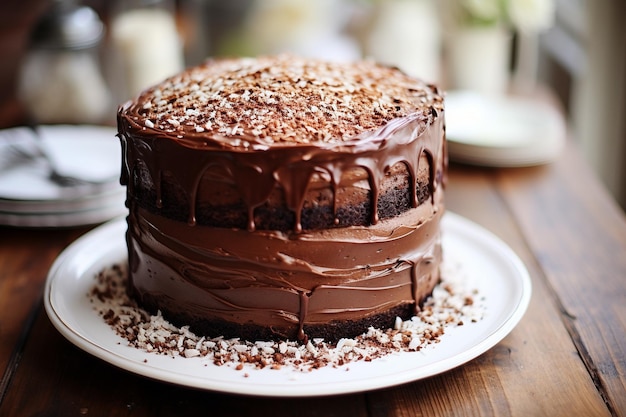 A chocolate cake with chocolate icing and chocolate shavings