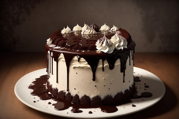 A chocolate cake with chocolate icing and chocolate syrup