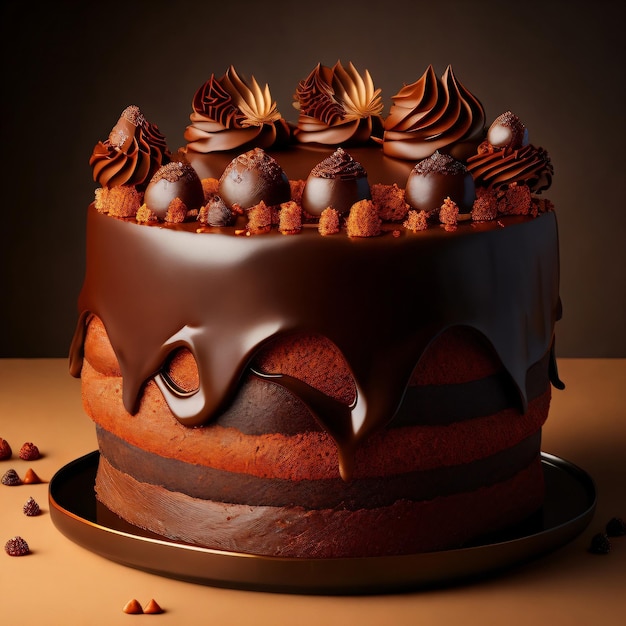 A chocolate cake with chocolate icing and a few small candies on top