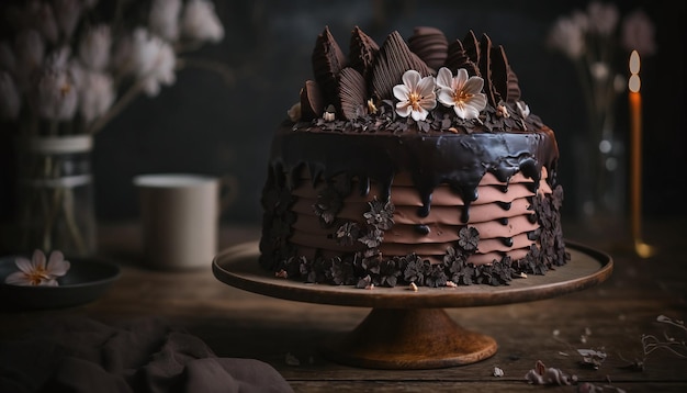 A chocolate cake with chocolate icing and flowers on top.