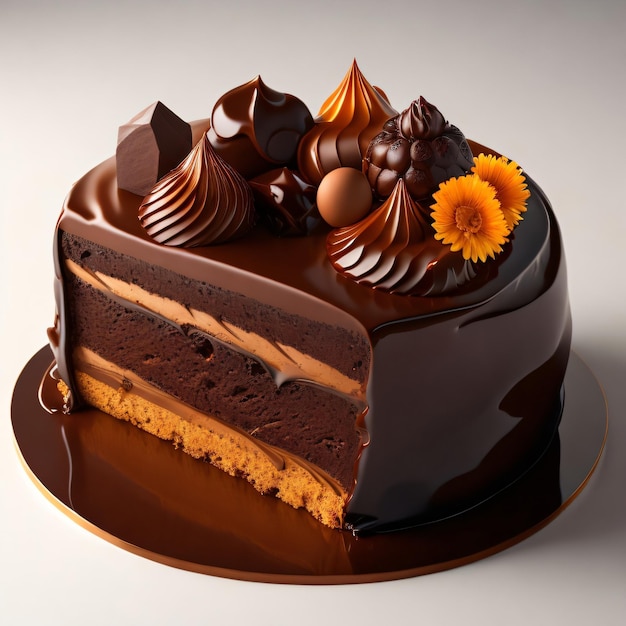 A chocolate cake with chocolate icing and a yellow flower on the top