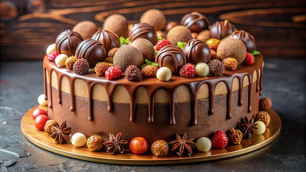 a chocolate cake with chocolate and raspberries on top