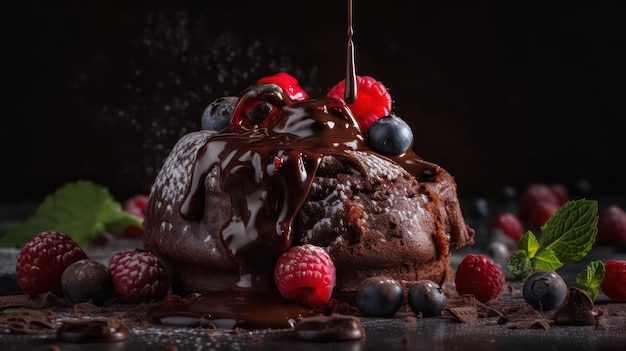 A chocolate cake with chocolate sauce being poured over it