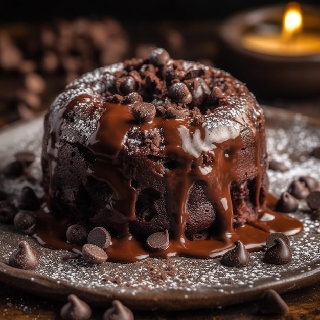 A chocolate cake with chocolate sauce and chocolate chips on a plate