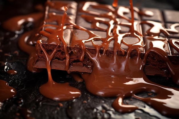 a chocolate cake with chocolate sauce and chocolate sauce on it.