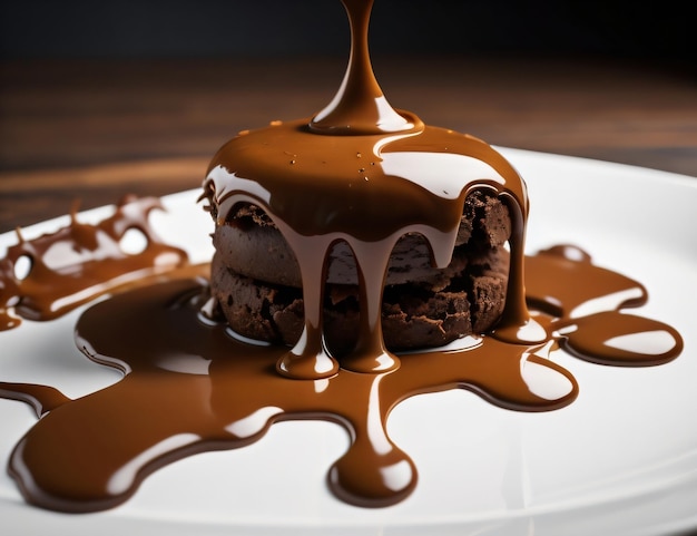 A chocolate cake with chocolate sauce dripping down the top.