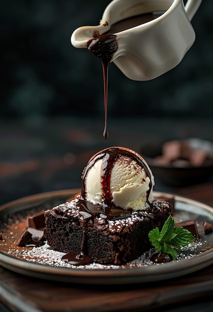 Photo a chocolate cake with chocolate sauce and ice cream on it