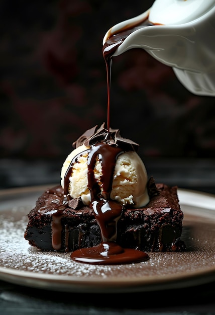 a chocolate cake with chocolate sauce on it and a person pouring chocolate sauce on it