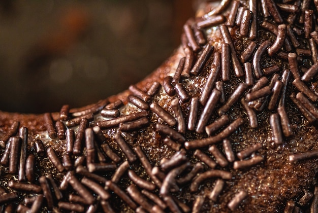 chocolate cake with chocolate sprinkles macro photography with top view