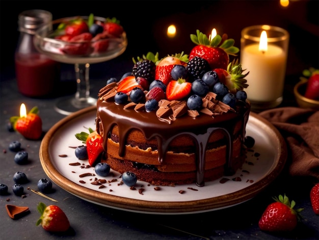 Chocolate cake with chocolate and strawberries on a plate with a candle in the background