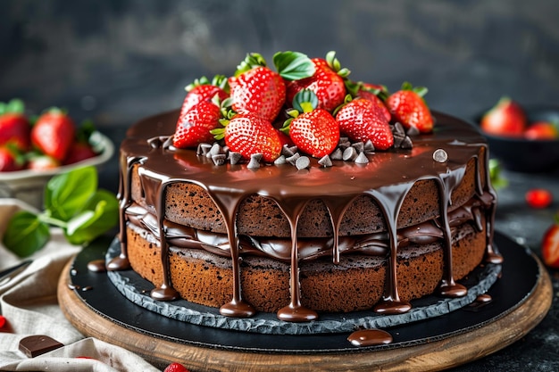 A chocolate cake with chocolate and strawberries on top