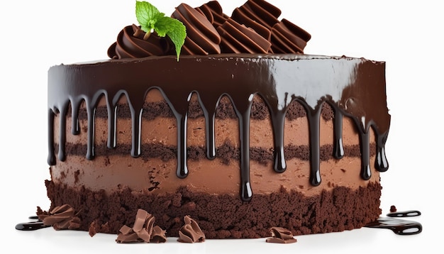 A chocolate cake with chocolate syrup drizzled on top