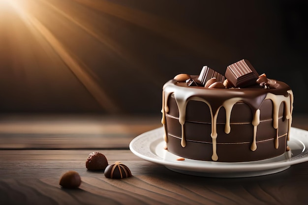 A chocolate cake with chocolates on a plate