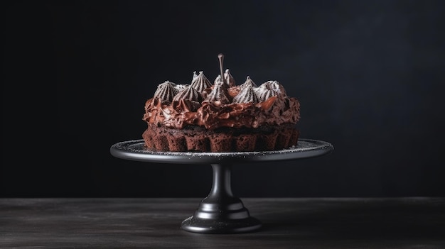 A chocolate cake with a dark background and a dark background.