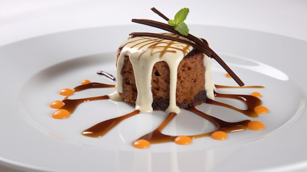 A chocolate cake with a drizzle of chocolate and drizzled with chocolate sauce.