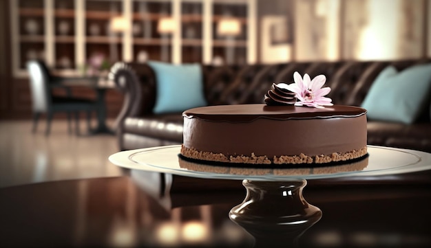 A chocolate cake with a flower on it is on a table in front of a couch.