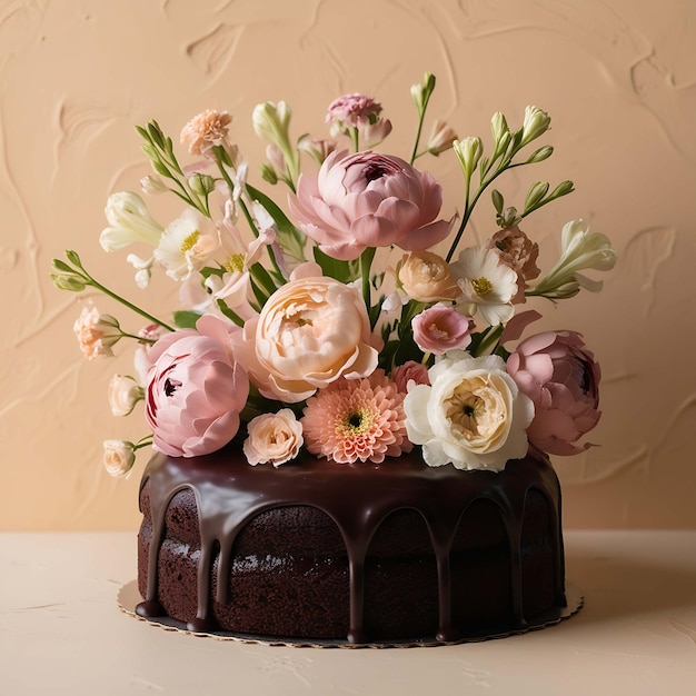 a chocolate cake with flowers and a chocolate cake with a pink and white flower on the top