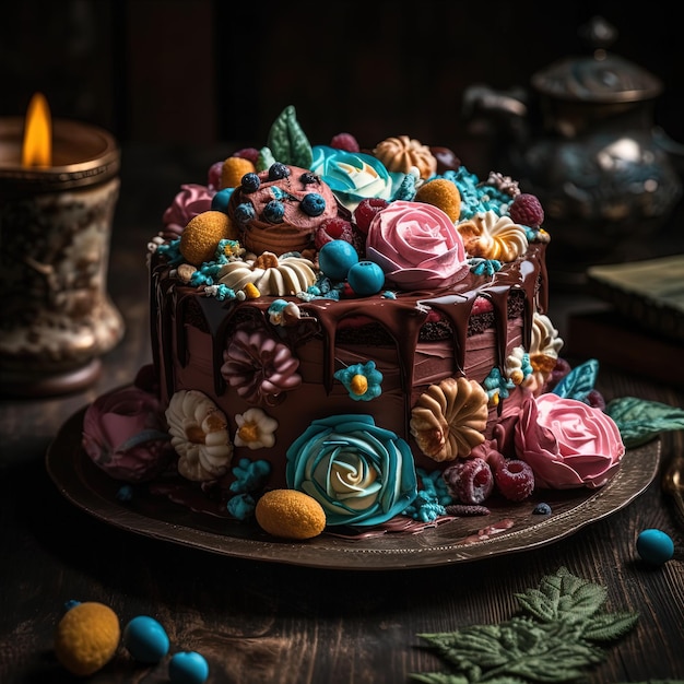 A chocolate cake with flowers on it is on a table.