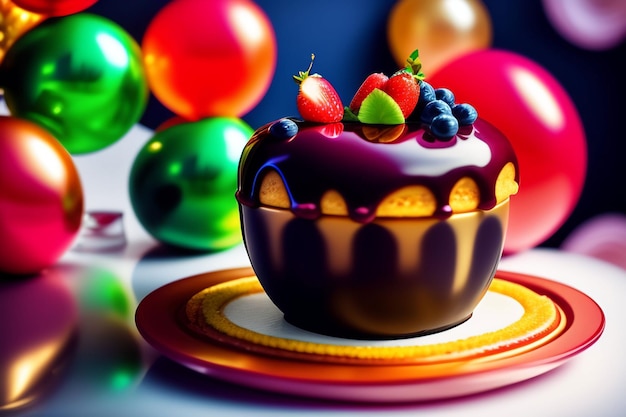 A chocolate cake with fruit on top and a colorful background.