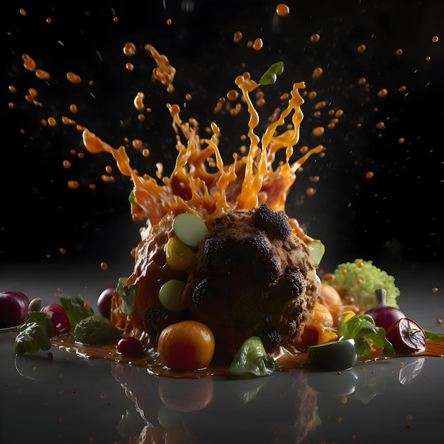 Chocolate cake with fruits splashing on a black background Copy space