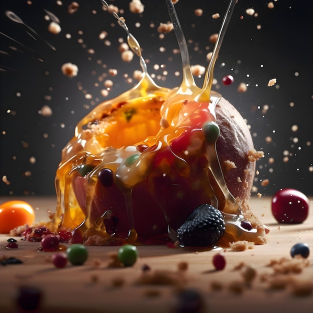 Chocolate cake with fruits splashing out of it on black background