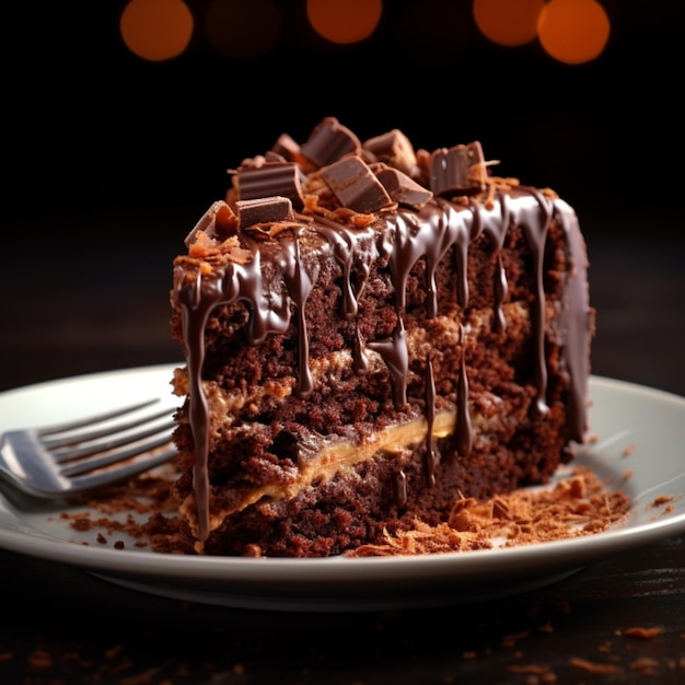 Chocolate Cake with Fudge White Plate Dim Background