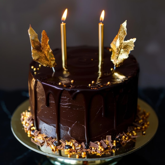 Photo chocolate cake with gold accents and candles