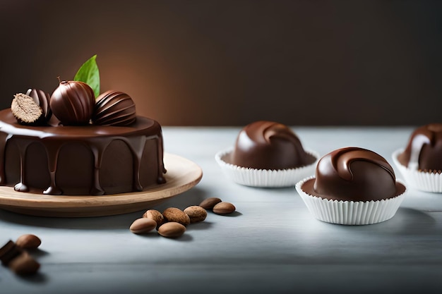 A chocolate cake with a green leaf on top sits next to a cupcake.