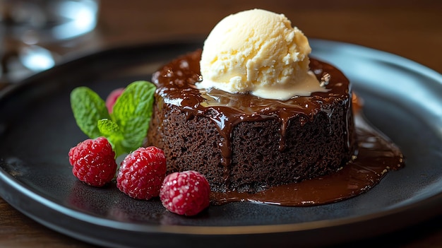 Photo a chocolate cake with ice cream and raspberries on top