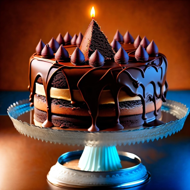 A chocolate cake with a lit candle on top of it