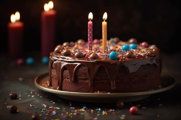 A chocolate cake with a lit candle and the word chocolate on it