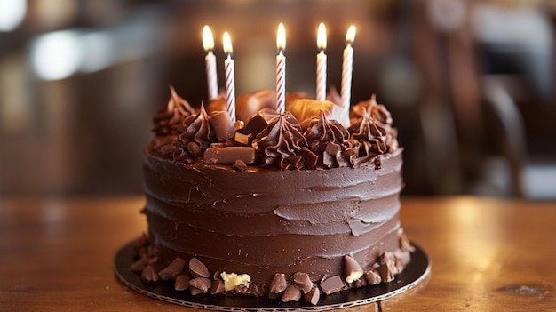 Photo a chocolate cake with lit candles that say quot birthday quot