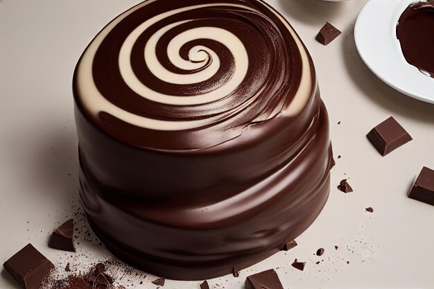 Chocolate cake with milk spiral and crumbs on white background