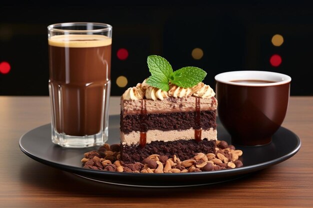 Chocolate cake with nuts and a latte with mint syrup