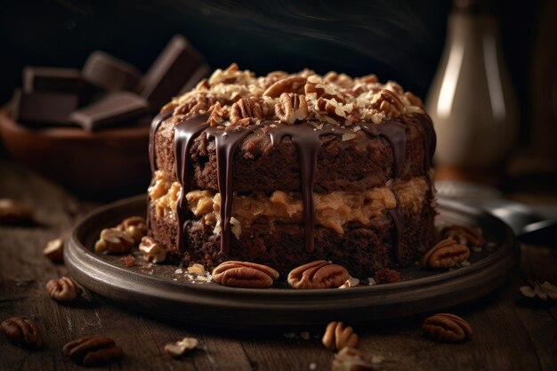 A chocolate cake with pecan pie on top of it