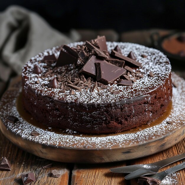 a chocolate cake with powdered sugar and a knife on a wooden table