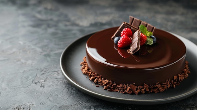 Photo a chocolate cake with raspberries and chocolate on a plate